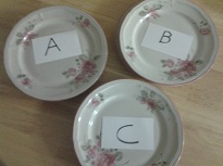 Three stacks of plates labeled A B and C