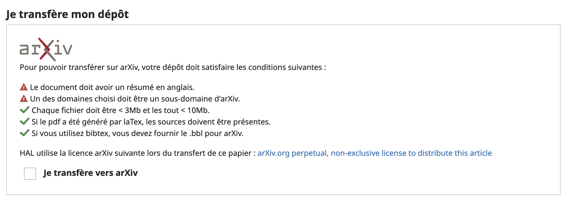 conditions du transfert vers arXiv