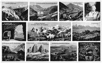 Alpenlnder. II. 1. Stilfser Jochstrasse. 2. Hospiz auf dem Grossen St. Bernhard. 3. Gotthardbahn bei Wasen. 4. Reichenbachfall bei Meiringen. 5. Axenstrasse am Vierwaldsttter See. 6. Berner Oberland mit Eiger, Mnch und Jungfrau. 7. Salzburg. 8. Knigssee mit St. Bartholom. 9. Drei Zinnen in den Sdtiroler Dolomiten. 10. Karstlandschaft mit Dolinen. 11. Poikhhle bei Adelsberg.