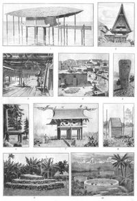 Ethnographie. II. 1. Jnglingshaus der Papua (Geelvinkbai, Niederlndisch-Neuguinea). 2. Mnnerhaus der Batak (Negri, Sumatra). 3. Inneres eines Langhauses der Kajan-Dajak (Borneo). 4. Huser der Pueblo-Indianer in Zui (Cibola, Nordamerika). 5. Grabpfosten (aus Holz) der Sioux und Odschibwe (Nordamerika). 6. Bootgrab der Tschinuk (Staat Washington, Ver. Staaten von Amerika). 7. Mausoleum der Familie Rajah Sinens (Dajak, Borneo). 8. Hausgrab der Clallam (im Sden der Vancouverinsel). 9. Malietoas Grabmal in Mulinuu-Apia (Upolu, Samoa-Inseln). 10. Sog. Trme des Schweigens, Begrbnissttte der Parsen (Malabar Hills, Bombay).