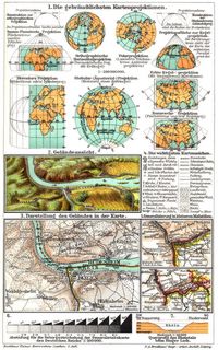 Kartographie. I. (Karten) 1. Die gebruchlichsten Kartenprojektionen. 2. Gelndeansicht. 3. Darstellung des Gelndes in der Karte. 4. Die wichtigsten Kartenzeichen. 5. Generalisierung in kleineren Mastben. 6. Abstufung fr die Gebirgsstrichelung der Generalstabskarte des Deutschen Reichs. 7. Querprofil des Rheintals beim Binger Loch.