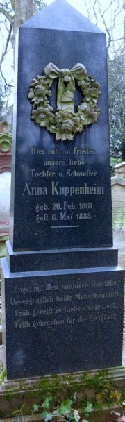 Grabmal Anna Kuppenheim (geb. 20.2.1861 in Pforzheim; gest. 6.5.1888 in Pforzheim), Tochter von Louis Kuppenheim und Bertha Kuppenheim.jpg