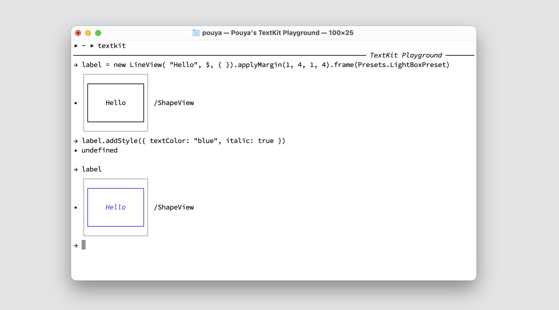 A demo of TextGraphic in the Playground that shows the basic shaping and styling.