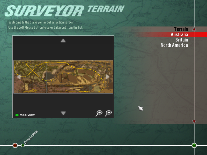 Trainz 1.0's original three routes in surveyor menu.