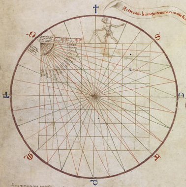 Andrea Biancoren 1436ko atlaseko irudia; bertan, nabigazio-norabideen kalkuluan balio trigonometrikoak kalkulatzeko metodoa bisualki ikus daiteke