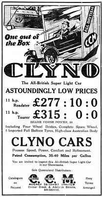 Deze advertentie voor de Clyno Colonial stond in 1926 in "The Producers' Review", een publicatie uit Toowoomba, Queensland (Australië). Het bedrijf CCM in Brisbane importeerde de auto in Australië.