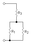 A diagram of three resistors, two in parallel, which are in series with the other