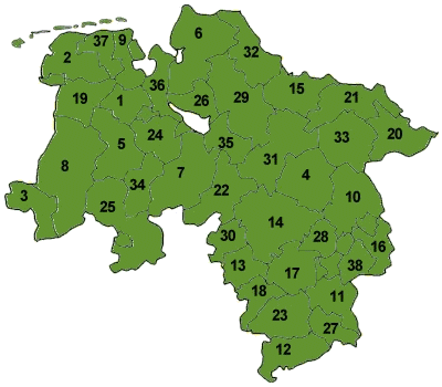 Koort vun Neddersassen mit de Kreise intekent