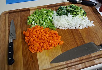 Le mirepoix est une préparation à base d'oignons, carottes et céleri, d'aromates et parfois de jambon ou de lard, taillés en petits dés et rissolés