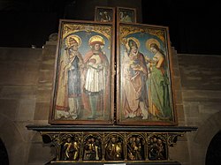 Vue du retable fermé, Peintures (St-Corneille, St-Pancrace, St-Nicolas, Ste-Catherine)