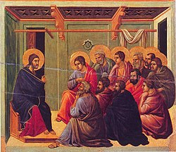 Jesus holder avskjedstalen for de elleve gjenværende disiplene, fra alterbildet Maestà av Duccio, 1308–1311. Jesus sitter vendt mot de elleve i et rom i overetasjen. En rad av disipler ser ut til å sitte på en benk eller stoler, skjult av den andre raden, som sitter på gulvet foran. Både Jesus og den øvre raden med disipler har haloer rundt hodene.