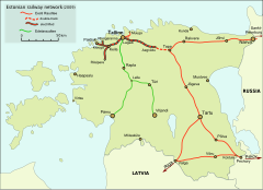 Síť veřejných železnic v Estonsku. Zeleně železnice v majetku Edelaraudtee.