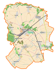 Mapa konturowa gminy Jaworzyna Śląska, po prawej nieco na dole znajduje się punkt z opisem „Dwór w Bagieńcu”