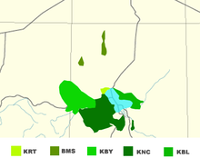 Mapo de la plejparta uzo de la kvin gravaj lingvoj de la kanura lingvo-grupo. "BMS" Kanura, Bilma "KNC" Kanura, Centra "KNY" kanura, Manga "KRT" kanura, Tumari"KBL" kanembua