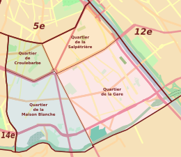 De fyra administrativa distrikten i Paris trettonde arrondissement.