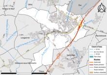 Carte en couleur présentant le réseau hydrographique de la commune