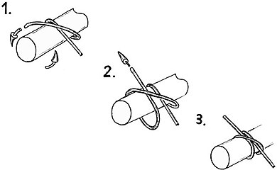 Knüpfen um einen runden Gegenstand. 1. Einen Schlag über Kreuz um den Gegenstand führen. 2. Nochmal einen Törn legen und diesmal unten durchfahren. 3. Zuziehen und der Webeleinenstek ist fertig.