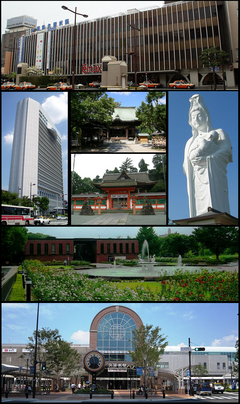 Frae the upper left: Nishitetsu Kurume Station, ceety haw, Suitengu shrine, Kora-taisha shrine, Narita-san temple Ishibashi bunka centre, JR Kurume Station