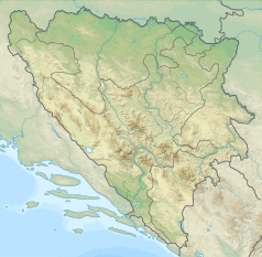 Mapa konturowa Bośni i Hercegowiny, w centrum znajduje się punkt z opisem „źródło”, poniżej na prawo znajduje się również punkt z opisem „ujście”