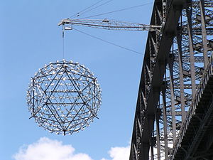 View of ball decoration hung from the Sydney Harbour Bridge for new year 2005.