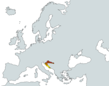 Map of the Kingdom of Croatia (red), the Kingdom of Dalmatia (yellow), and the Military Frontier (orange).