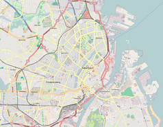 Mapa konturowa Kopenhagi, na dole po lewej znajduje się punkt z opisem „Kopenhaga Valby”