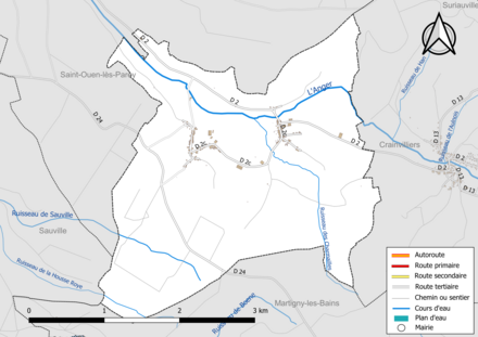 Carte en couleur présentant le réseau hydrographique de la commune