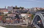 Metal bridge across a river and city centre built on a hillside