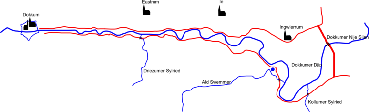 Friestalige kaart van het Dokkumergrootdiep. De Nederlandse namen voor de plaatsen en waterwegen op de kaart zijn Oostrum (Eastrum), Ee (Ie), Engwierum (Ingwierrum), Dokkumer Nieuwe Zijlen (Dokkumer Nije Silen), Dokkumerdiep (Dokkumer Djip), Driesumerried (Driezumer Sylried), Oude Zwemmer (Ald Swemmer) en Zijlsterrijd (Kollumer Sylried).