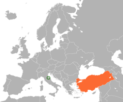 Map indicating locations of San Marino and Turkey