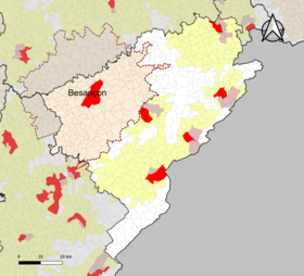 Localisation de l'aire d'attraction de Besançon dans le département du Doubs.