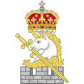 * Nomination: The heraldic badge of the Snawdoun Herald of Arms, a royal herald of the Court of the Lord Lyon. Blazon: Issuant from battlements Proper a unicorn’s head erased Argent, horned and crined and grasping in his mouth the sword Excalibur Or all ensigned of the Crown of Scotland Proper. By User:Sodacan --Piotr Bart 21:56, 16 June 2019 (UTC) * * Review needed