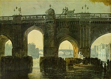 Old London Bridge nga JMW Turner, duke treguar parmakun e ri dhe pjesën e pasme të njërës prej kthinave të këmbësorëve.