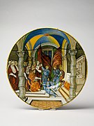 Large Dish (tagliere)- Pope Leo X presenting a baton to Federigo II Gonzaga, marquis of Mantua, on his appointment as captain general of the Church in 1521. MET DP158924.jpg