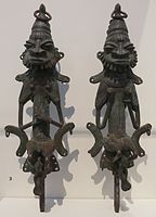 Pair of staffs (Edan Ogboni), male and female couple; 19th century; cast bronze and iron; Honolulu Museum of Art