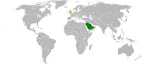 Mapa indicando localização da Arábia Saudita e do Reino Unido.