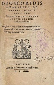 Portada d'una primera versió impresa de De Materia Medica, Lió, 1554