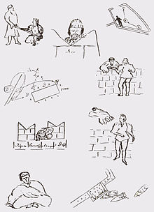 Croquis en noir sur fond blanc, représentant de façon simplifiée des personnages, quelques éléments de décors ou des vues schématiques de la scène avec des indications de placements ou de déplacements