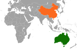 Mapa indicando localização da Austrália e da China.