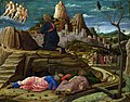 Andrea Mantegna: Utrpenie v záhrade, okolo roku 1460, zobrazuje Ježiša v Getsemanskej záhrade