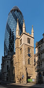 St Andrew Undershaft church in the City of London, 30 St Mary Axe in the background, 2020.