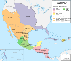 Viceroyalty of New Spain in 1794, with the Captaincy General of Puerto Rico shown in light pink