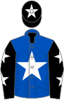 Royal blue, white star, black sleeves, white stars, black cap, white star