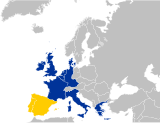 The members of the Communities in 1986; Portugal and Spain, highlighted in yellow, acceded that year.