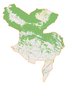 Mapa konturowa gminy Korczyna, po prawej nieco na dole znajduje się punkt z opisem „Kombornia”