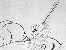 A black-and-white film still. A giant mosquito plunges its proboscis into the side of a man's head. The man is lying down in bed, and has a horrified look in his open eye.