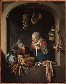 Gerrit Dou, Haringverkoopster met jongen, 1664