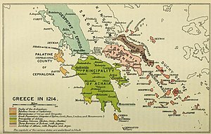 아테네 공국(분홍색)과 주변의 그리스 남부 국가들. 1214년경.