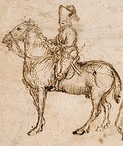 A pencil sketch of a bearded, crowned horseman