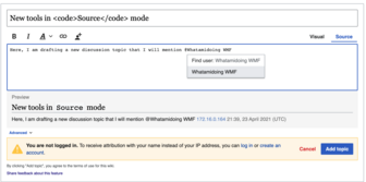 A screenshot showing the New Discussion Tool's <code>Souce</code> mode enhanced with tools for adding links and pings to the topics you write.